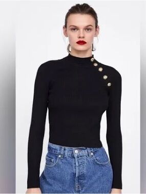 Zara Black Ribbed Mock Neck Top with Gold Buttons